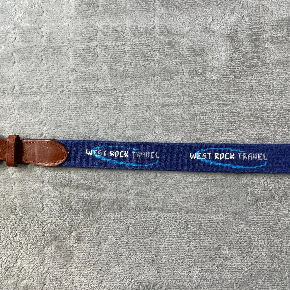 Smathers Branson Belt Needlepoint Mens 32 Navy Blue West Rock Travel Leather